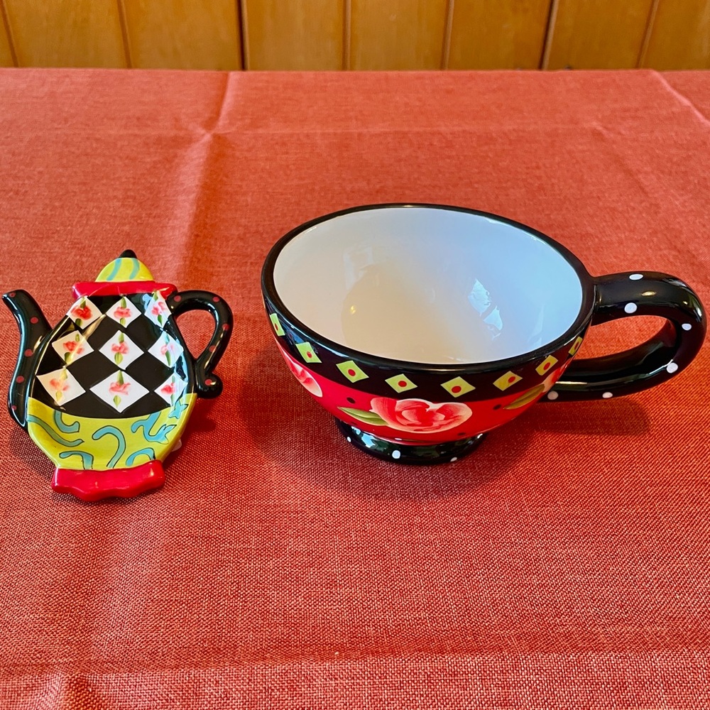 Vintage✨GIFTCRAFT Joyce Shelton Tea Party Tea Cup and Teabag Holder Set
